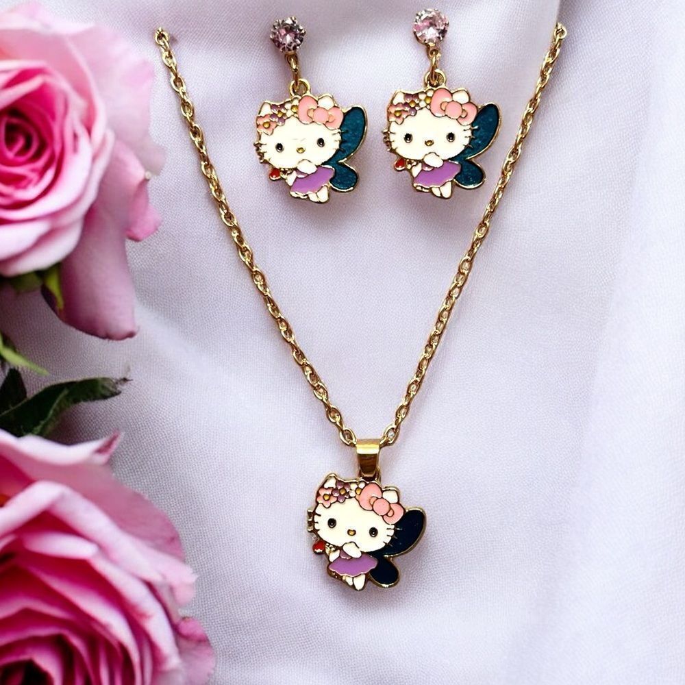 Hello Kitty Lavender Dress Fairy Earrings And Necklace Set